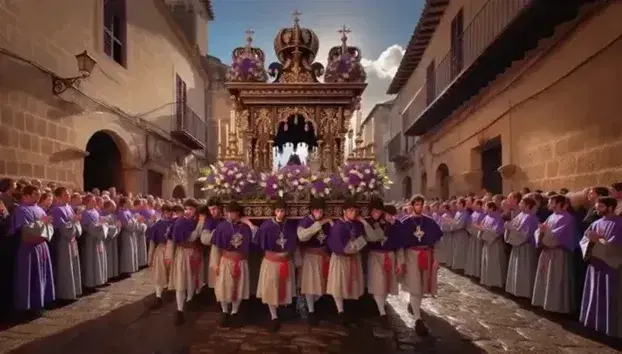Procesión religiosa en calle empedrada con personas en túnicas púrpuras y capirotes llevando estructura de madera oscura y flores blancas y moradas.