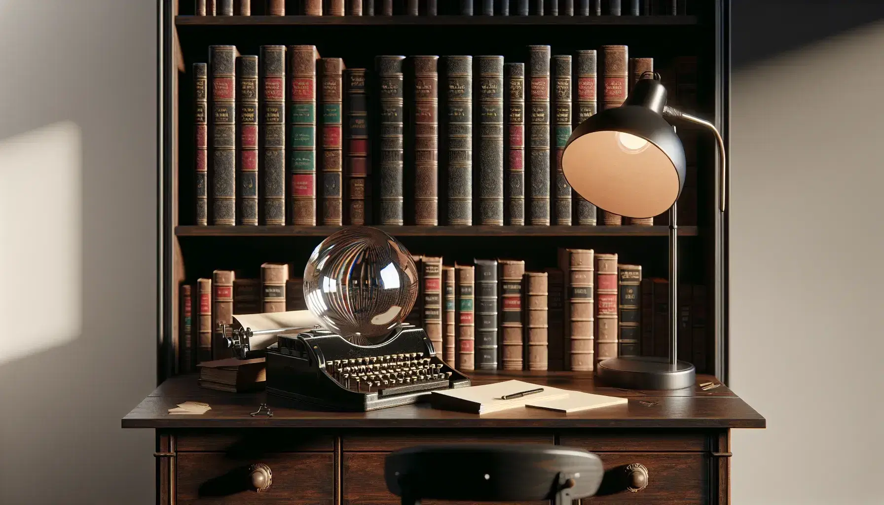 Estantería de madera oscura llena de libros con esfera de vidrio y máquina de escribir antigua al lado de una lámpara encendida.