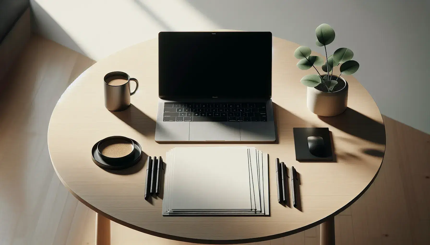 Escritorio de madera clara con portátil abierto, hojas blancas, bolígrafo negro, taza de café y planta pequeña, iluminación suave y fondo desenfocado.