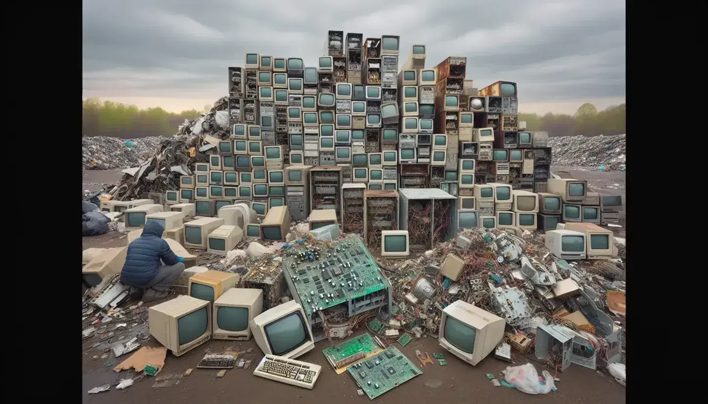 Open-air e-waste dump with old monitors, broken keyboards and rusty CPUs, people separating materials.