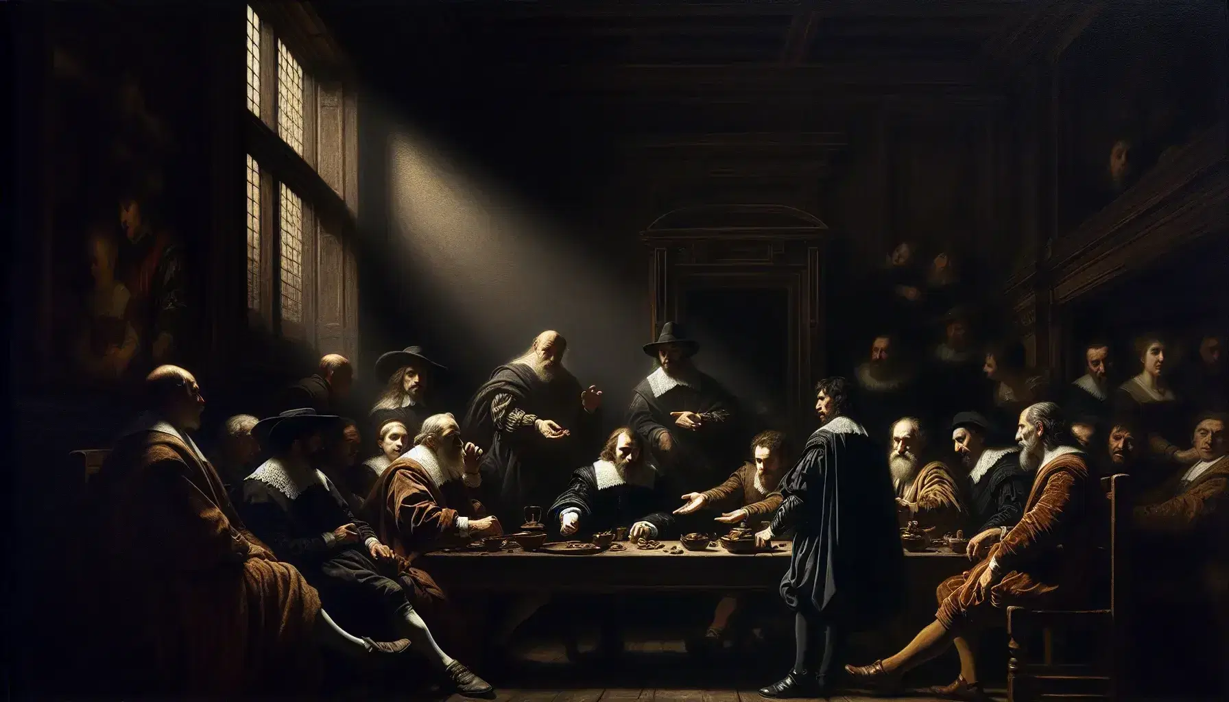 Scena drammatica in interni con chiaroscuro, cinque figure in abiti d'epoca attorno a un tavolo, una in piedi gestisce verso un uomo seduto.