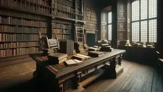 Biblioteca antigua con mesa de madera oscura y libros de cuero apilados, estantería repleta y escalera, junto a ventana que ilumina suavemente la escena.