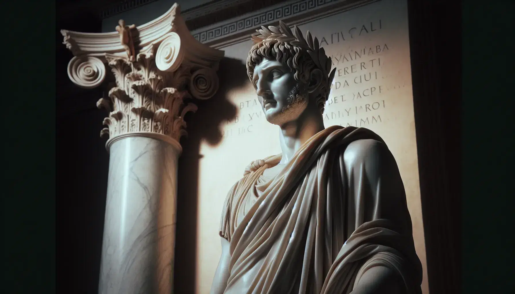 Escultura de mármol blanco de hombre con toga y corona de laurel, estilo romano antiguo, junto a columna corintia en fondo neutro.