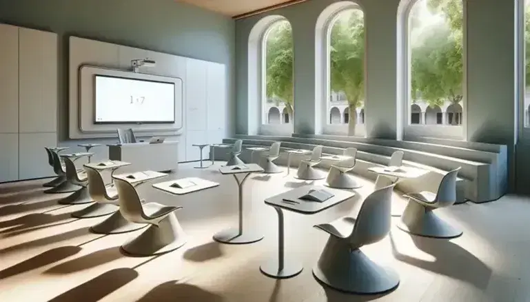 Modern Spanish classroom with white desks, ergonomic chairs, interactive smartboard, and students focused on learning in a bright, orderly space.
