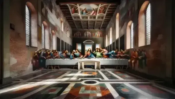 Interno della chiesa di Santa Maria delle Grazie con vista parziale del Cenacolo di Leonardo, pareti in mattone e pavimento in marmo policromo.