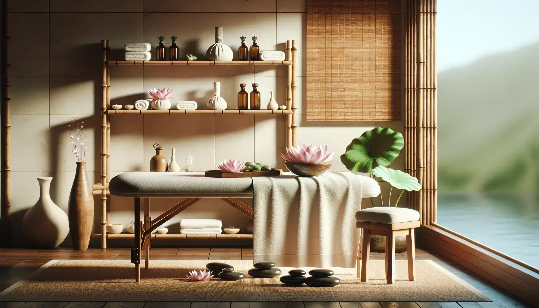 Relaxing environment with wooden massage table and white towel, bamboo shelves with oils and stones, window with transparent curtains.
