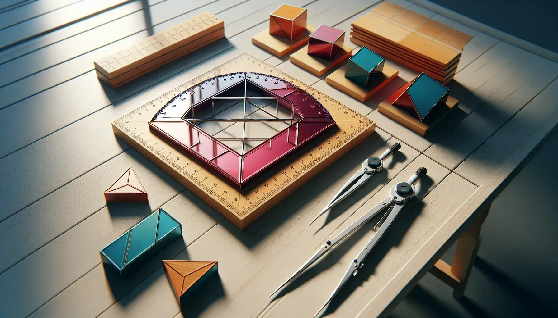 Classroom with a glossy red rhombus model, stainless steel protractor, wooden compass, and colorful geometric blocks on a table, with green plants in the background.