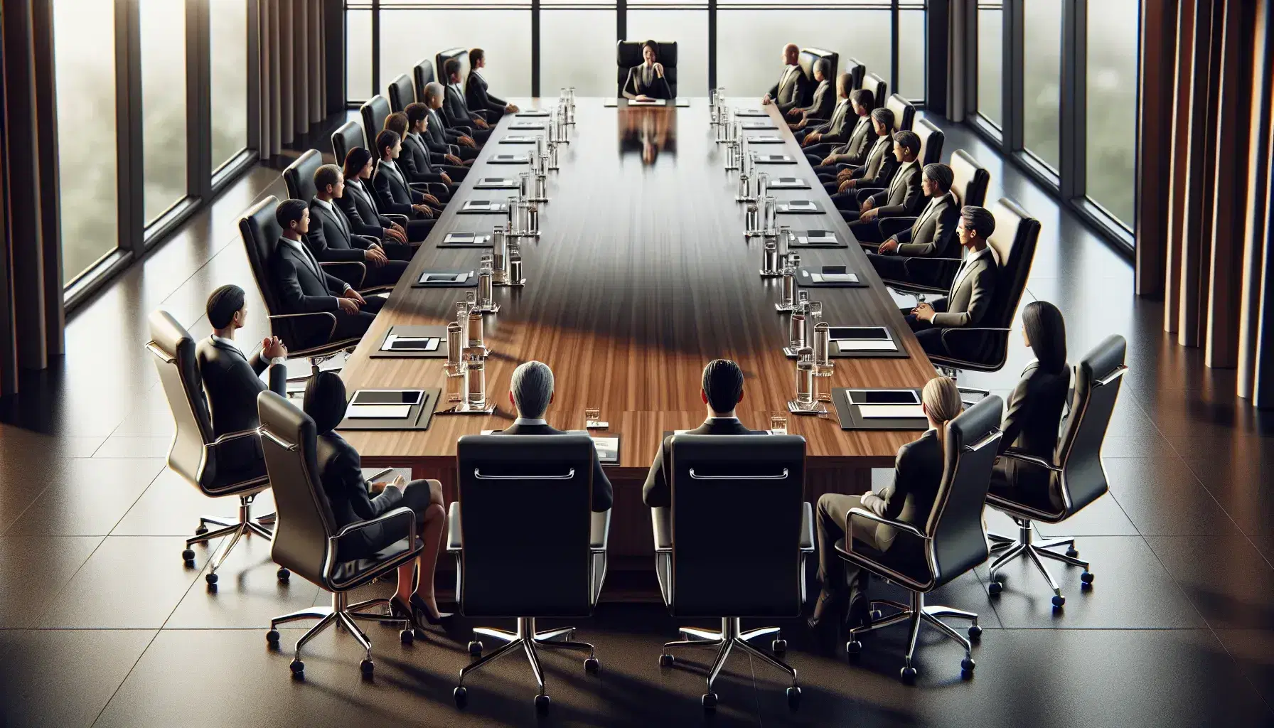 Diverse corporate boardroom meeting with participants engaged in discussion, a polished table, leather chairs, digital tablets, and a city view.