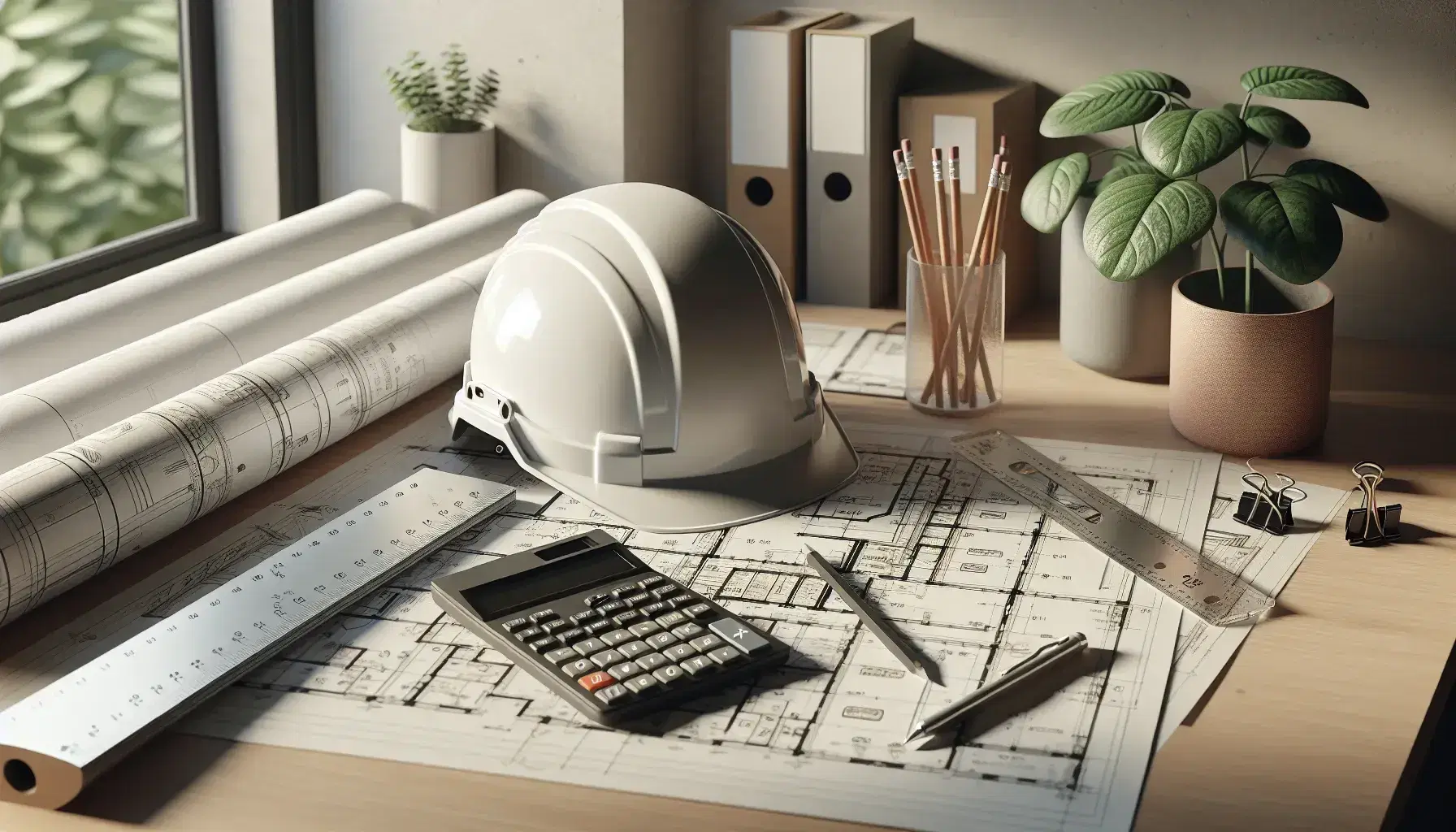 Escritorio de oficina con casco de seguridad blanco, planos arquitectónicos, calculadora científica, regla y lápiz mecánico, junto a planta interior.