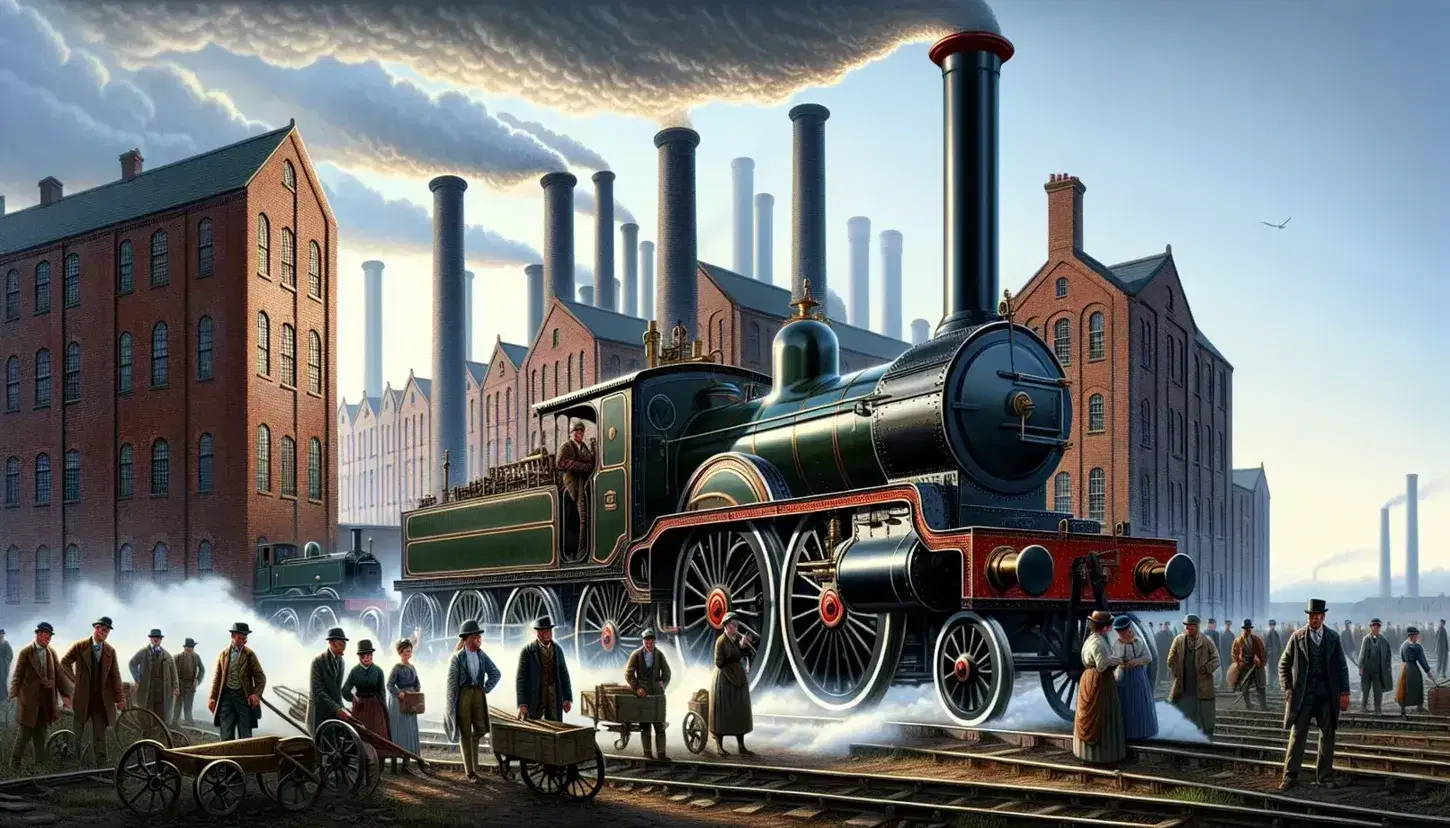 Early Industrial Revolution scene with a steam engine, brass fittings, and smokestack, red-brick factories, and workers in period attire under a clear morning sky.