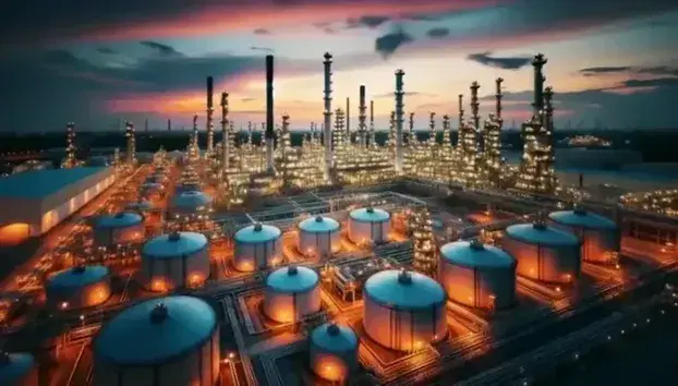 Vista aérea de refinería de petróleo al atardecer con tanques de almacenamiento y torres de destilación iluminadas por el sol poniente.