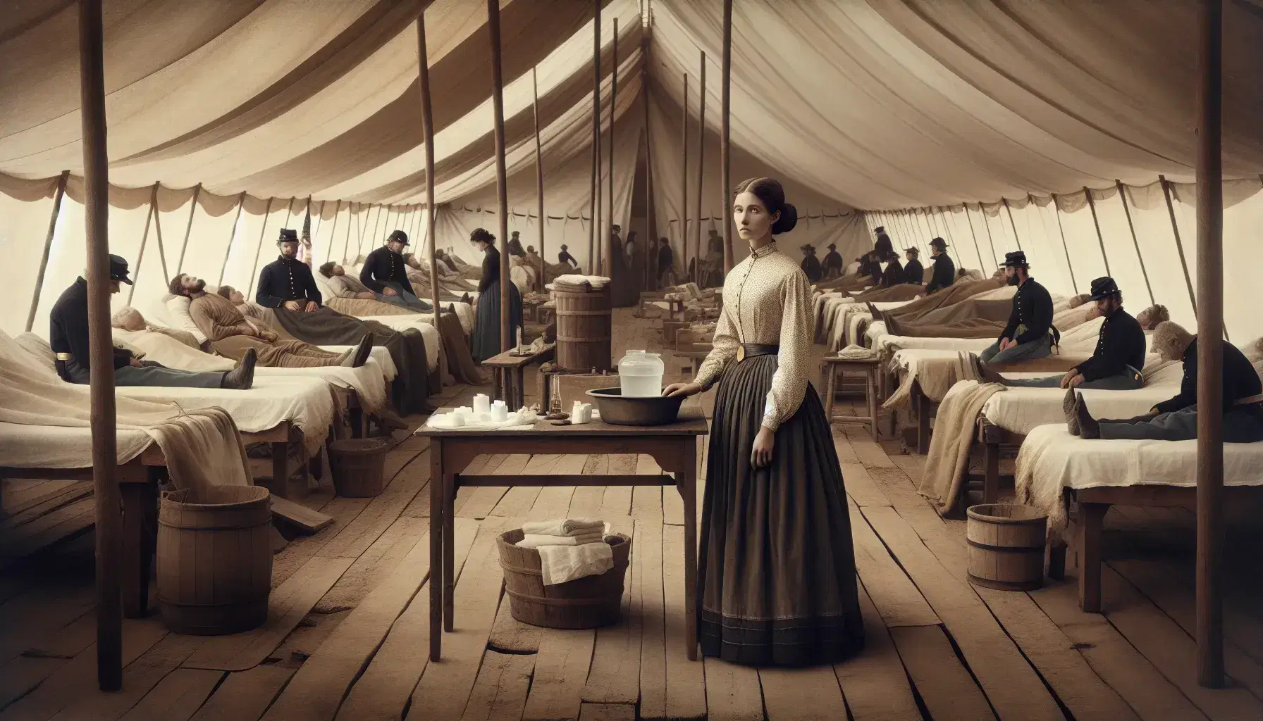 Civil War-era makeshift hospital scene with a woman preparing medical supplies and comforting diverse soldiers resting on cots.