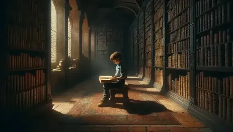Ragazzo intento a leggere un libro antico su una panchina in biblioteca storica, con luce naturale che filtra da una finestra ad arco.