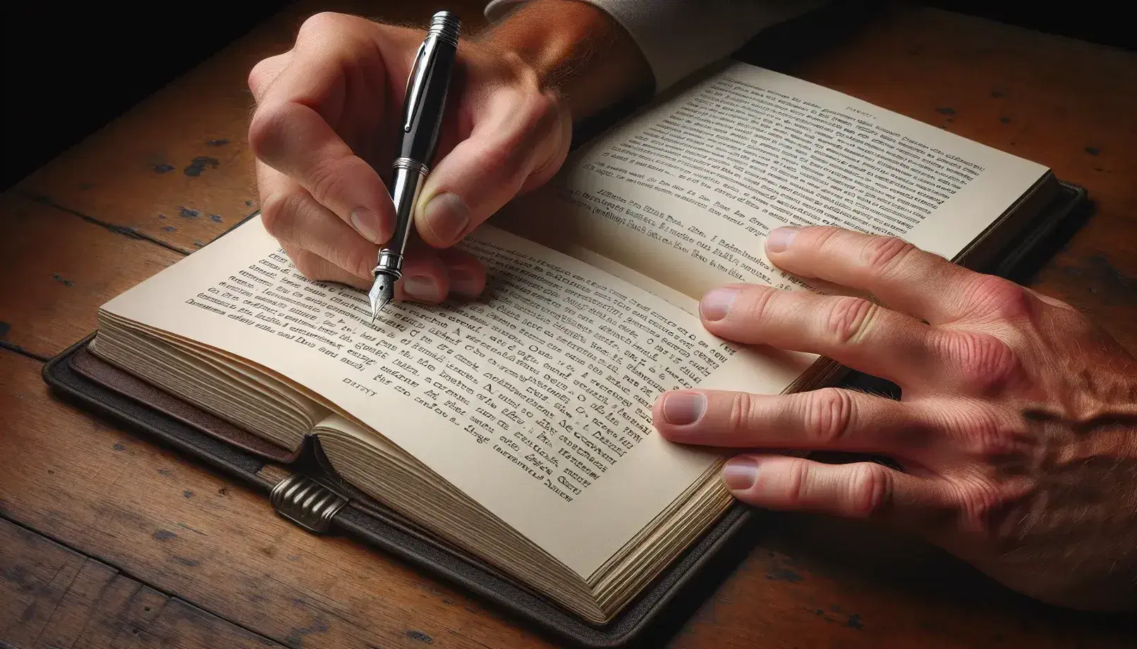 Close-up view of hands on an open book with one finger pointing at text and the other holding a fountain pen, ready to write, on a wooden desk.