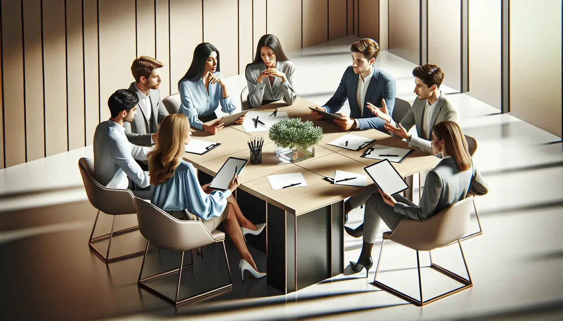 Diverse team in business casual attire engaged in a meeting around a hexagonal table with tablets, papers, and a central plant arrangement in a well-lit office.