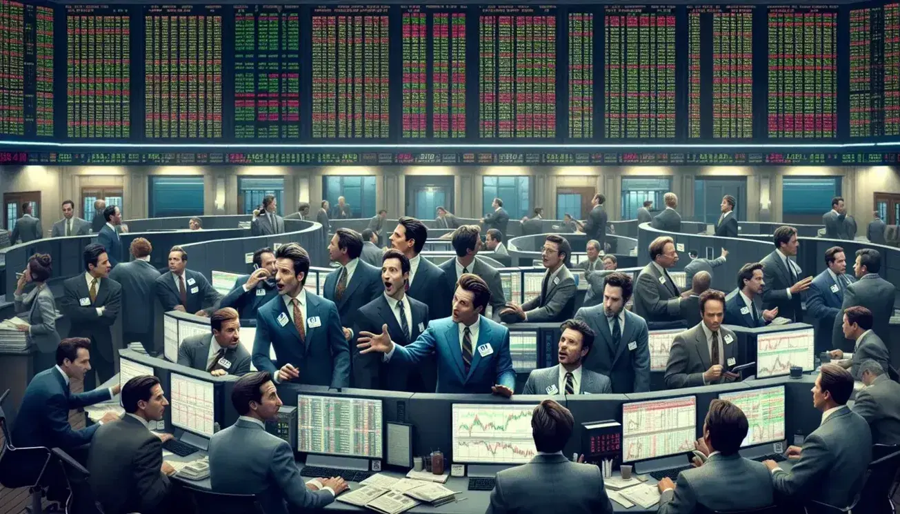 Traders in suits engage in lively discussions on a stock exchange floor with electronic boards displaying green and red market data.