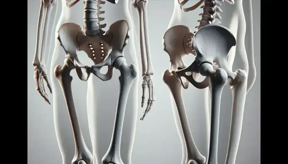 Scheletro umano in piedi con pelvi e ginocchio in evidenza, dettagli delle articolazioni dell'anca e del ginocchio su sfondo chiaro.