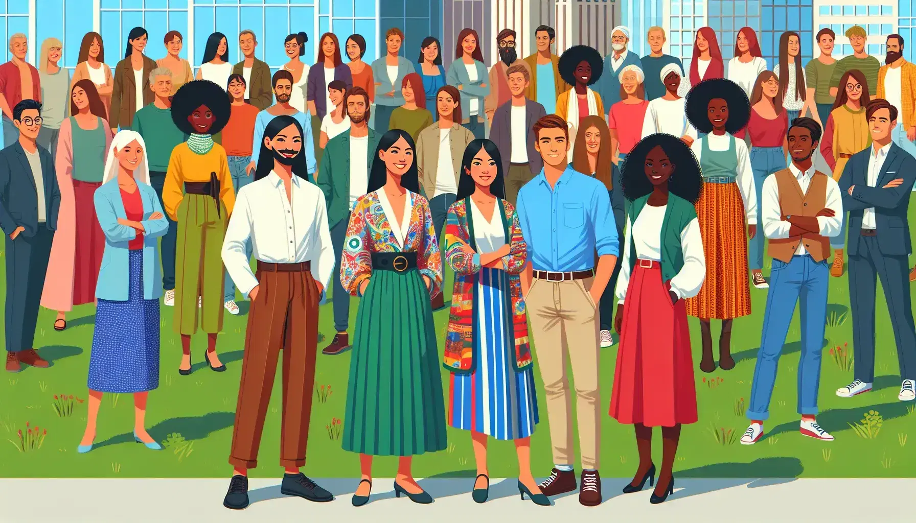 Grupo diverso de personas sonriendo en un parque urbano, con una mujer en el centro vestida de forma colorida y otros en trajes y atuendos variados.
