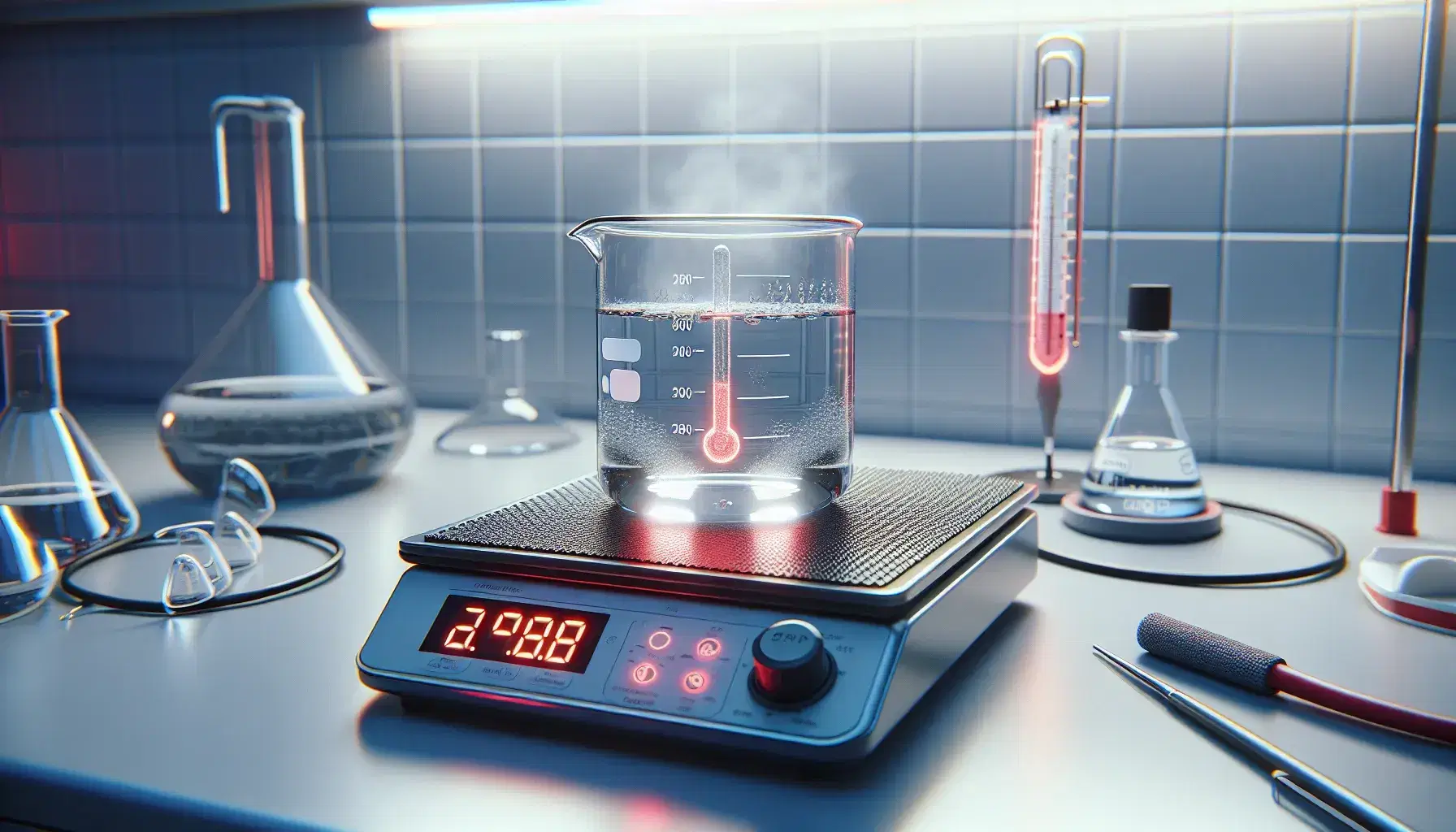 Laboratory experiment with beaker on digital hotplate turned on, immersed thermometer, timer, safety glasses and insulating gloves on neutral background.