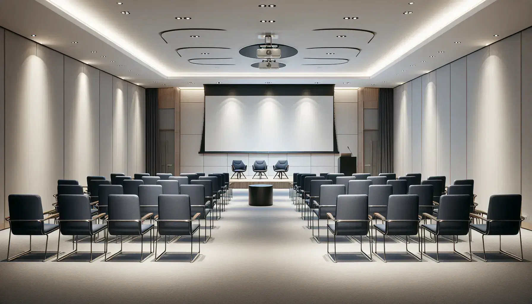 Sala de conferencias vacía con sillas azules orientadas hacia una pantalla grande apagada, podio de madera y proyector a un lado.