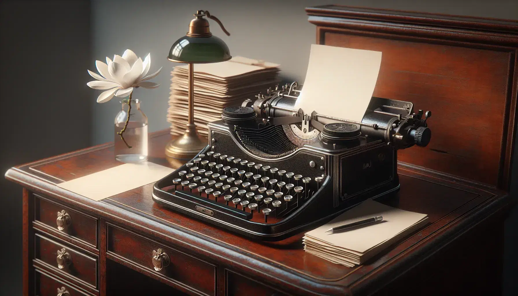 Vintage black typewriter on a wooden desk with a single magnolia in a vase, an antique brass lamp, and a blurred bookshelf in the background.
