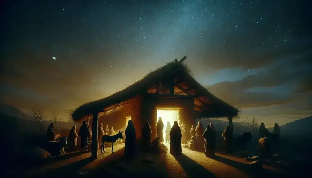 Scena notturna con cielo stellato sopra una stalla illuminata, figure umane e animali osservano all'interno, in un'atmosfera pacifica.