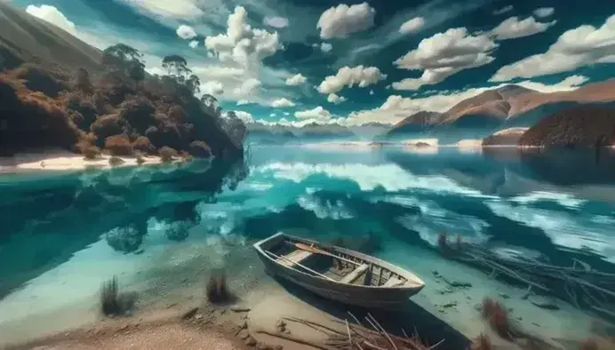 Lago calmo con riflessi del cielo azzurro e nuvole, montagne innevate sullo sfondo, vegetazione rigogliosa e barca in legno sulla riva.
