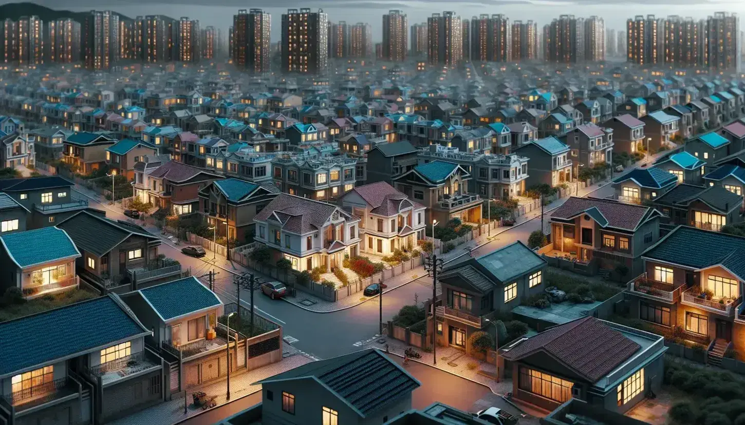 City view at dusk with illuminated rich neighborhood and modern houses in the foreground, and an older, darker area in the background.