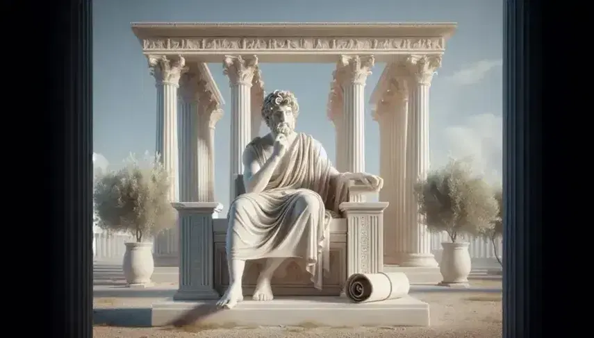 Estatua de mármol blanco de hombre barbudo sentado en silla adornada, sosteniendo papiro y con gesto pensativo, frente a columnas dóricas y olivos.