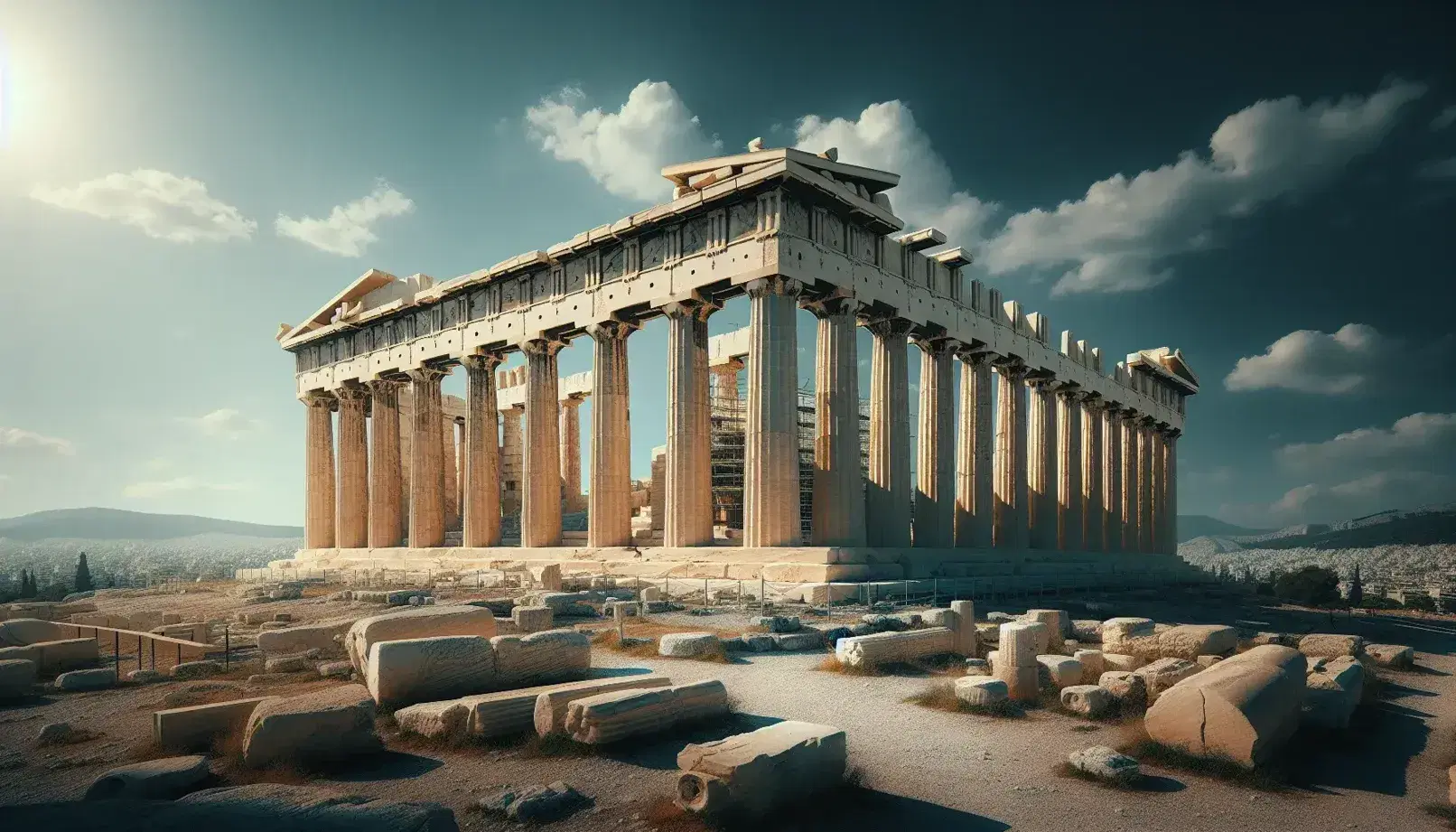 Parthenon di Atene illuminato dal sole con colonne doriche e pedimento su cielo azzurro, senza persone o elementi moderni.
