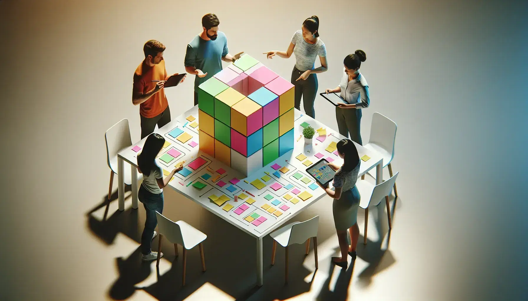 Equipo de cinco personas colaborando en proyecto con papeles de colores y notas adhesivas sobre mesa, junto a figura geométrica y planta.