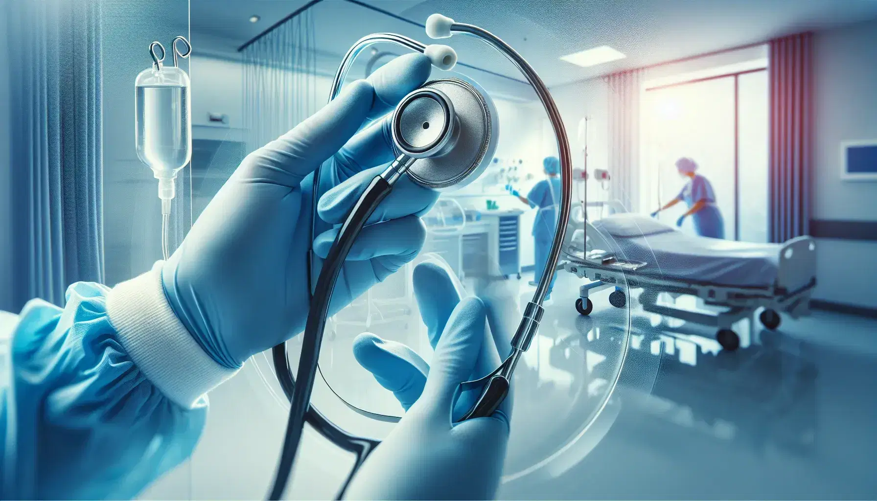 Doctor's hands in blue gloves holding a stethoscope against a glass surface with a blurred hospital background, symbolizing medical examination.