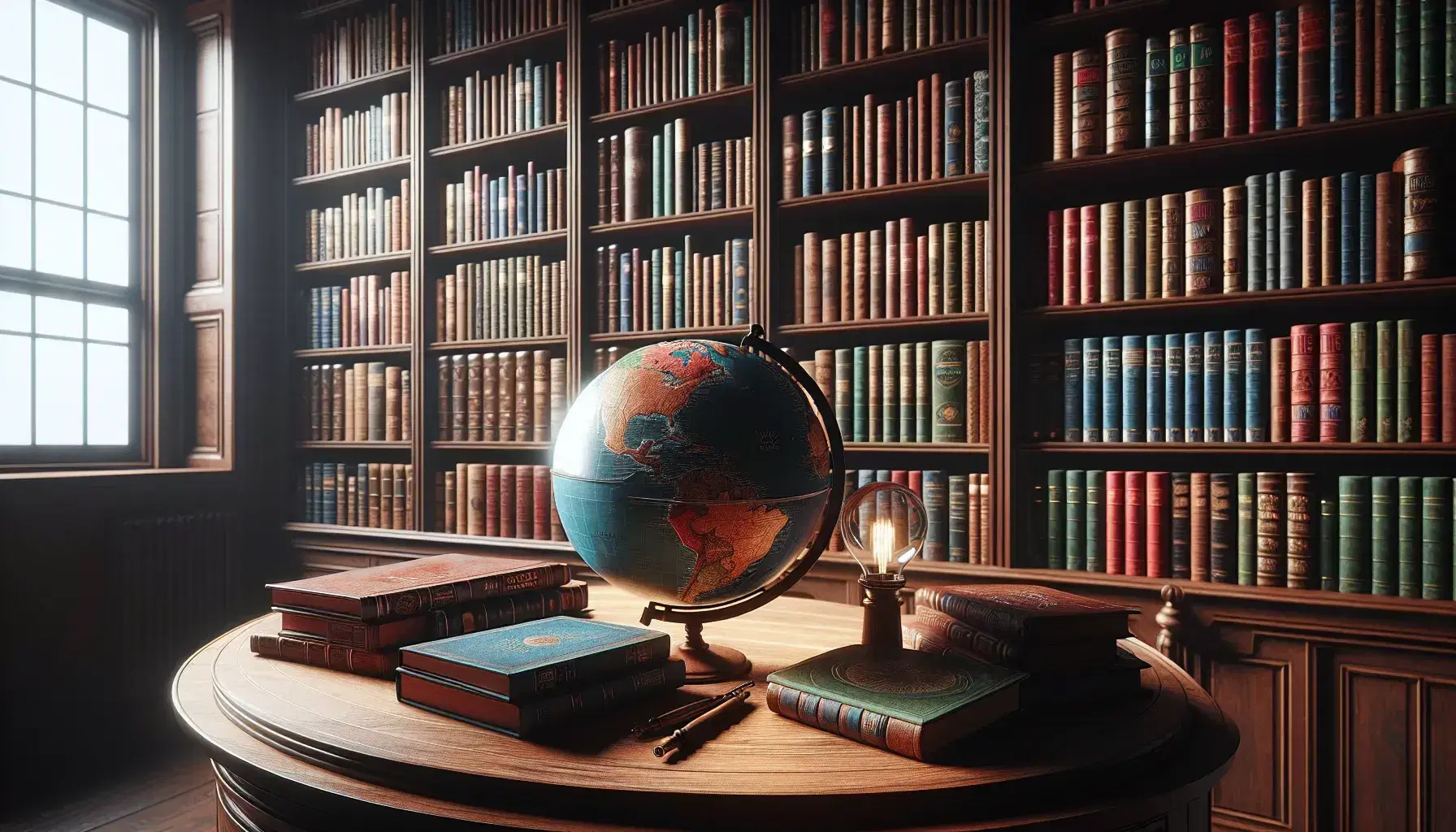 Biblioteca acogedora con estanterías de madera oscura llenas de libros coloridos, mesa con globo terráqueo y lupa, y cortinas que filtran luz natural.