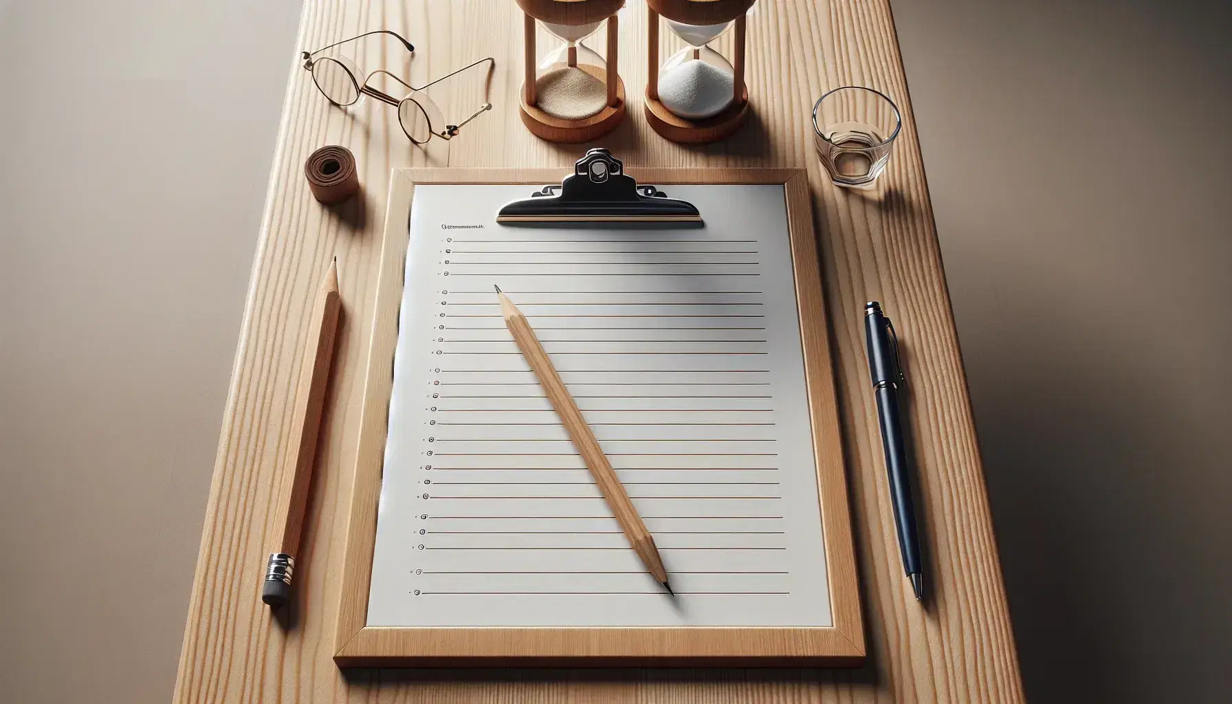 Mesa de madera clara con cuestionario en blanco, lápiz de madera, bolígrafo azul, reloj de arena y gafas con marco negro.