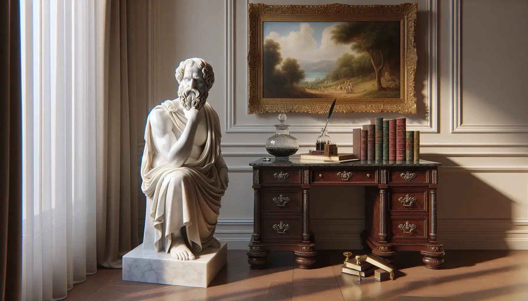 Statua in marmo bianco di Socrate con barba fluente ed espressione pensosa, in una stanza con scrivania antica, libri e orologio vintage.
