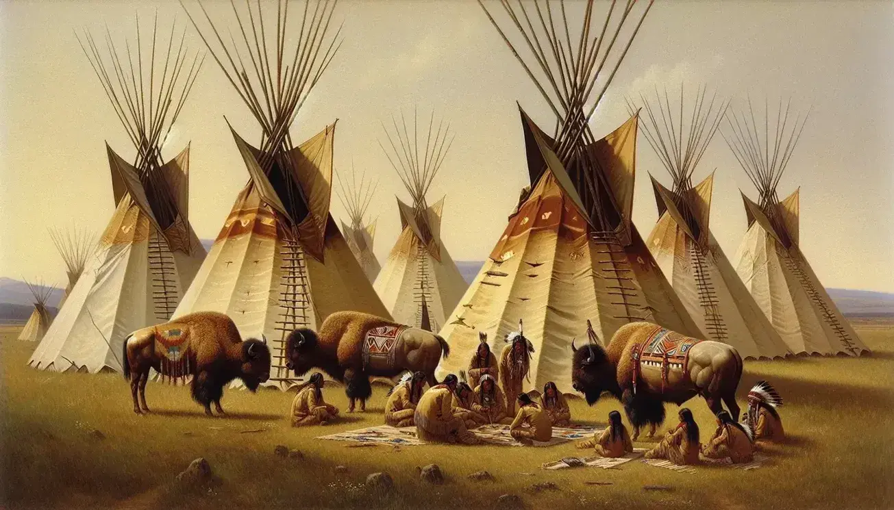 Native American teepees on the Great Plains with locals in traditional attire engaging in beadwork and painting a horse, under a clear blue sky.