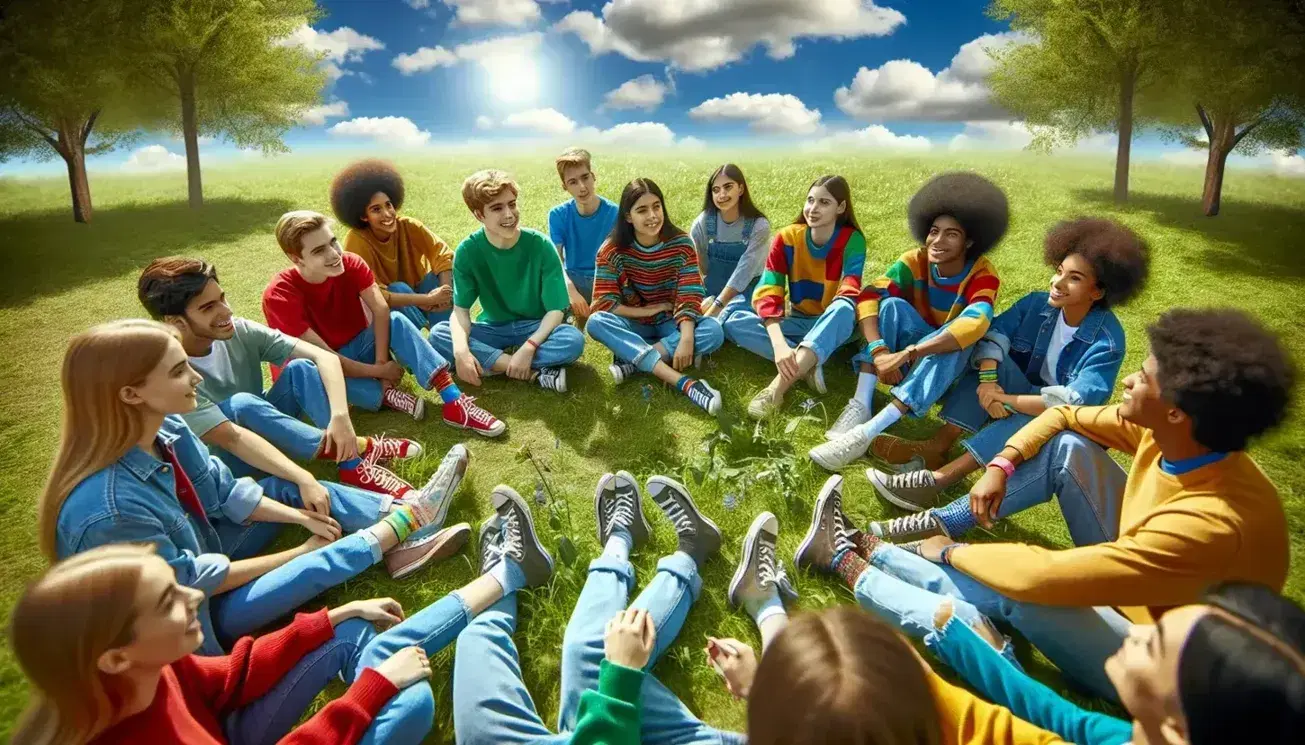 Gruppo eterogeneo di adolescenti seduti in cerchio su un prato, conversano felici senza dispositivi tecnologici, sotto un cielo sereno.