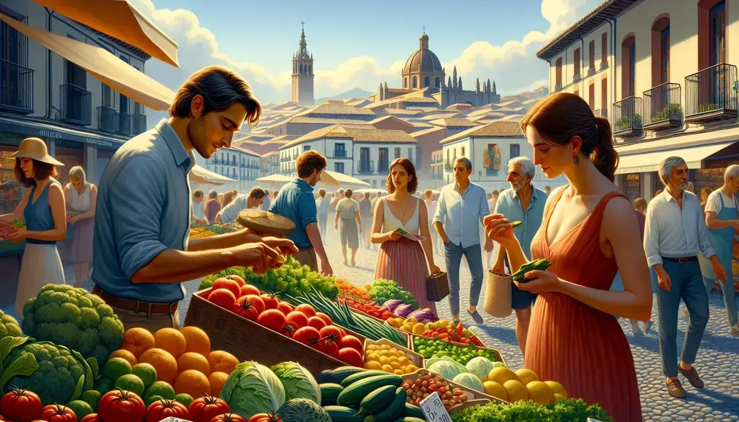Bustling Spanish outdoor market scene with lively vendors, colorful fresh produce, diverse shoppers, and a cityscape with terracotta rooftops under a clear sky.