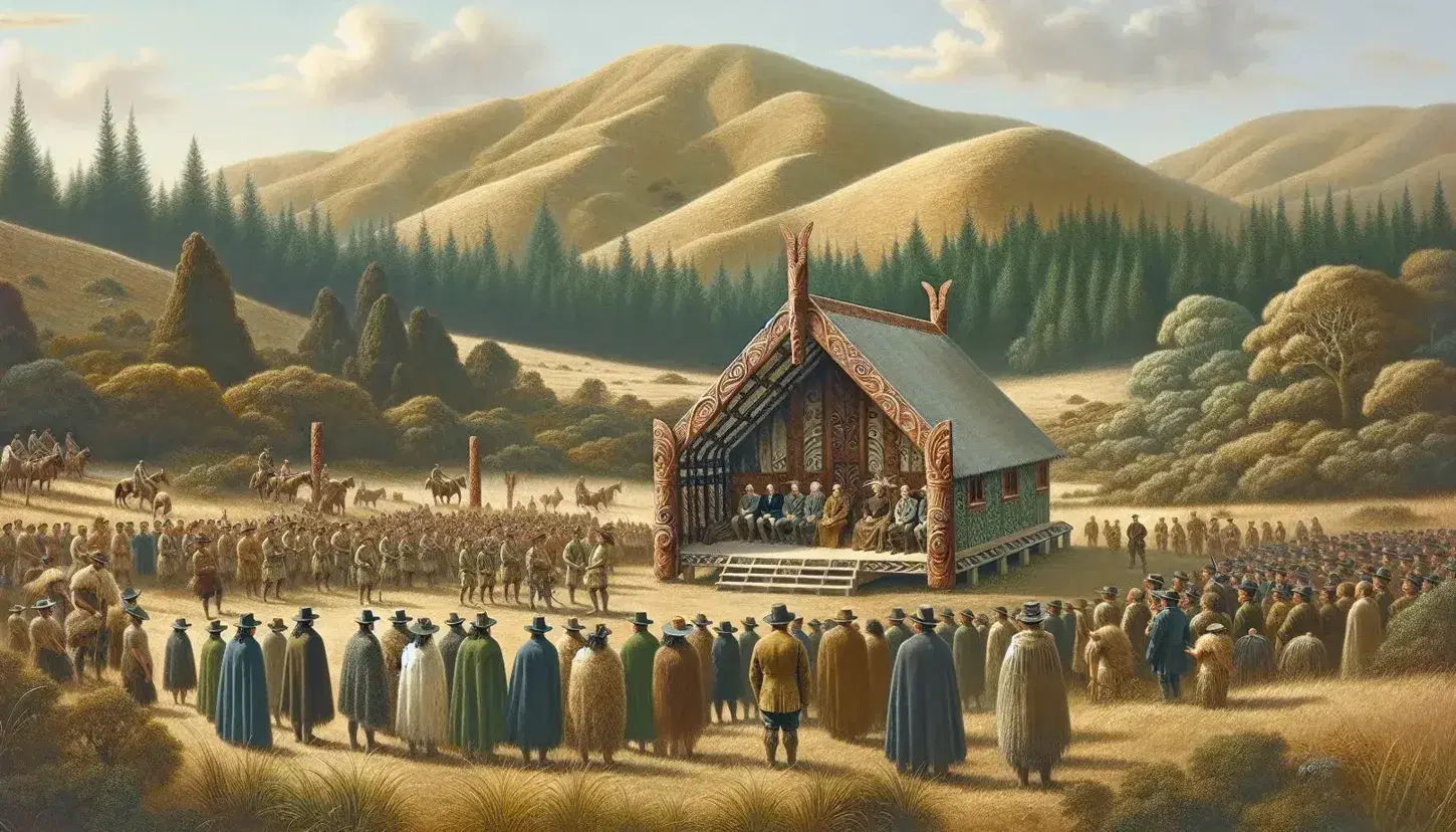 Serene New Zealand countryside with a traditional Māori wharenui, carved pouwhenua, and people in 19th-century attire, under a clear blue sky.