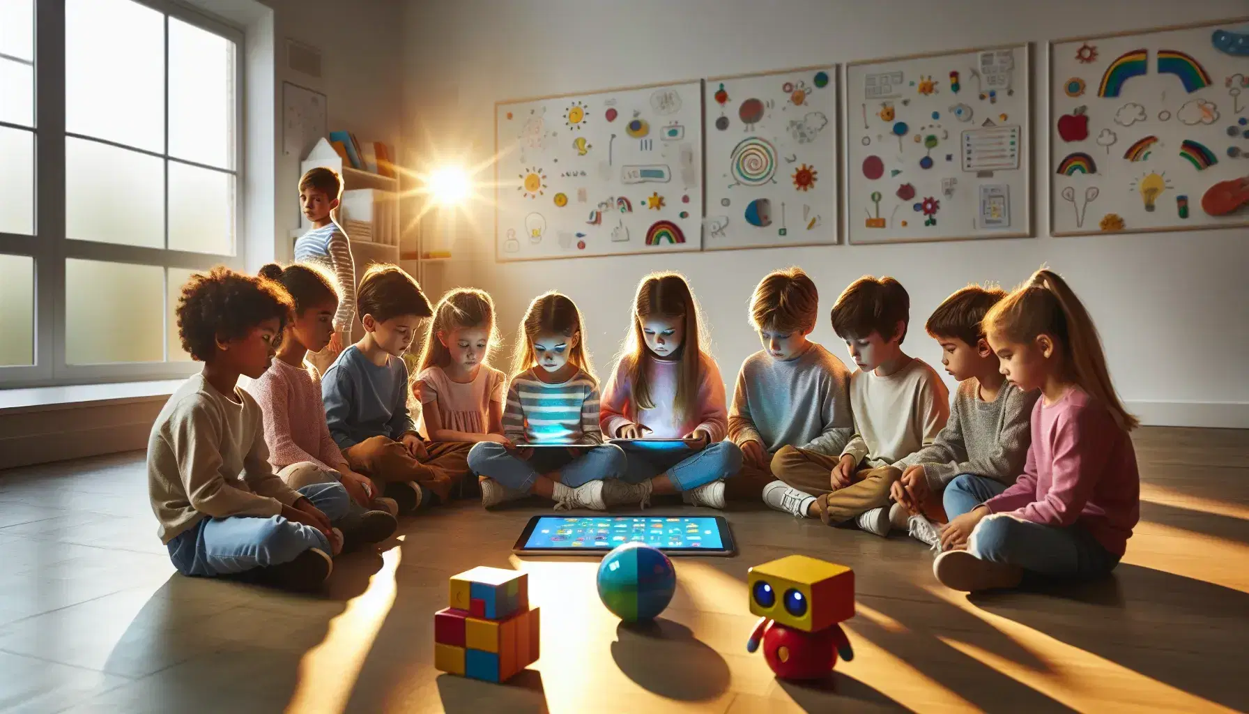 Niños de diversas etnias atentos a una tableta electrónica en un aula iluminada naturalmente, rodeados de laptops y robots educativos de colores primarios.