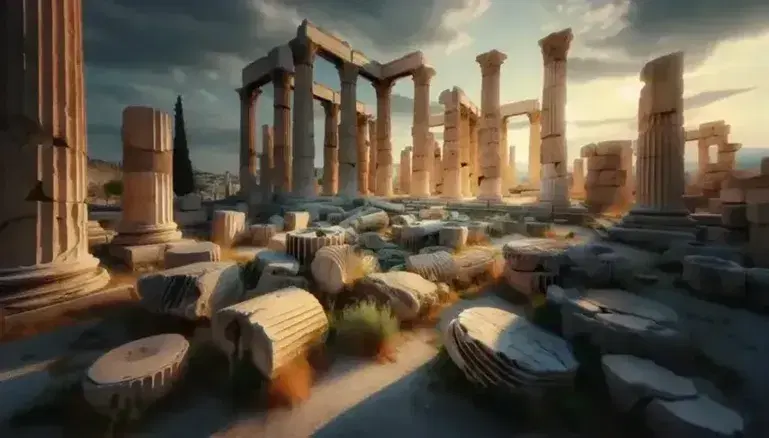 Rovine di un'antica agora greca con colonne erose, alcune in piedi e altre cadute, sotto un cielo azzurro con nuvole sparse.