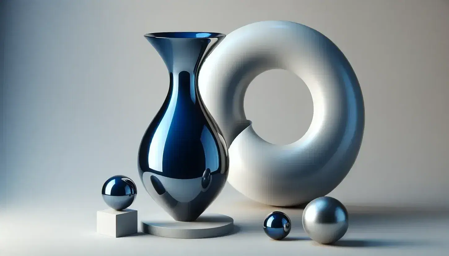 Three surfaces of revolution displayed: a glossy cobalt blue hourglass-shaped vase, a matte white upright torus, and a reflective silver sphere on a stand.