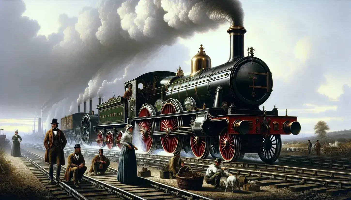 Early British Industrial Revolution scene with a steam engine on tracks, diverse individuals in period attire, and smoke-emitting factory chimneys against a clear sky.