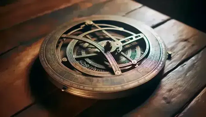 Astrolabe antiguo de bronce sobre mesa de madera oscura, con anillos concéntricos y líneas grabadas que forman un mapa estelar, iluminado suavemente por la izquierda.