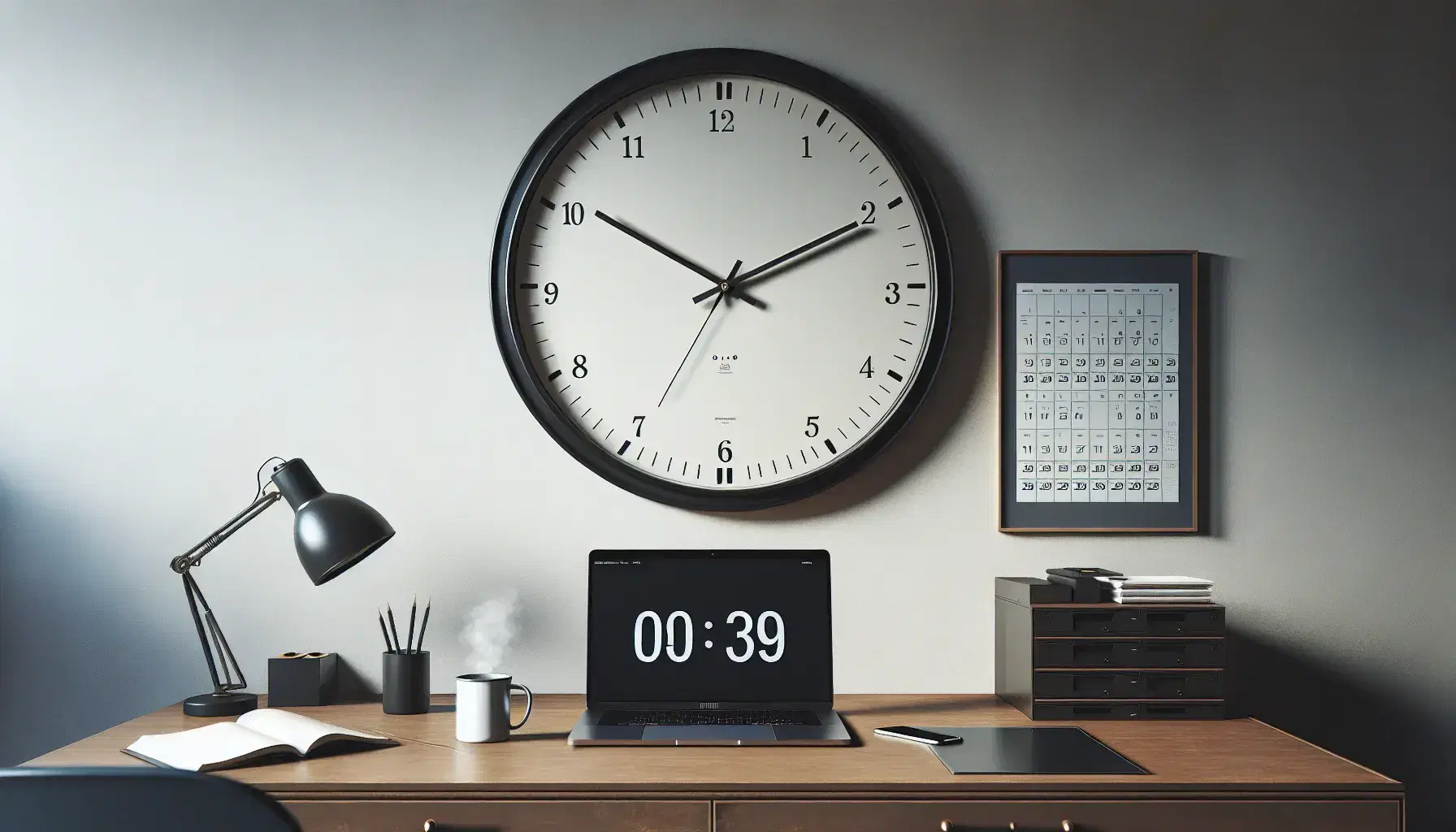 Reloj analógico clásico en pared con calendario, mesa de oficina con portátil abierto, taza de café humeante y móvil apagado, junto a silla de oficina vacía.