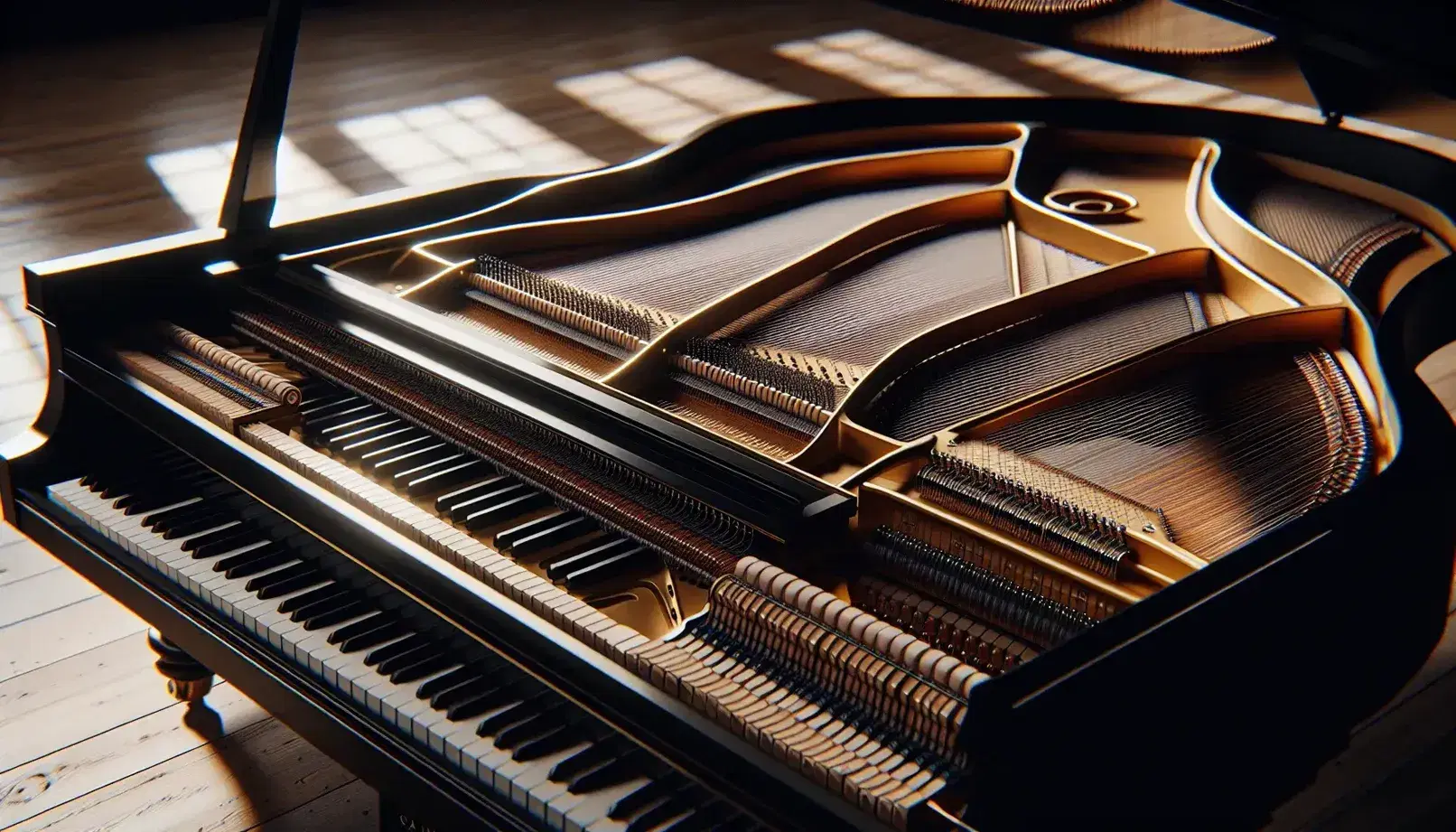 Close-up view of an open black grand piano's interior, showcasing strings, hammers, and keys, with natural light casting soft shadows.