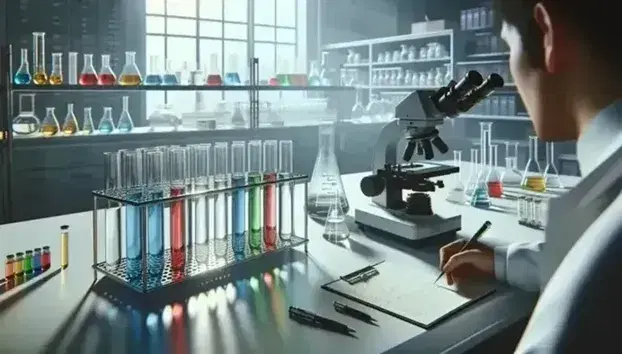 Laboratorio de investigación con tubos de ensayo de colores en estante metálico, microscopio y científico anotando resultados en un cuaderno.