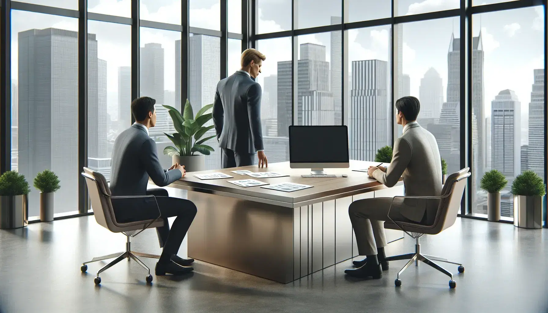 Three professionals collaborate around a modern desk with a laptop and papers in a well-lit office with city views and greenery.