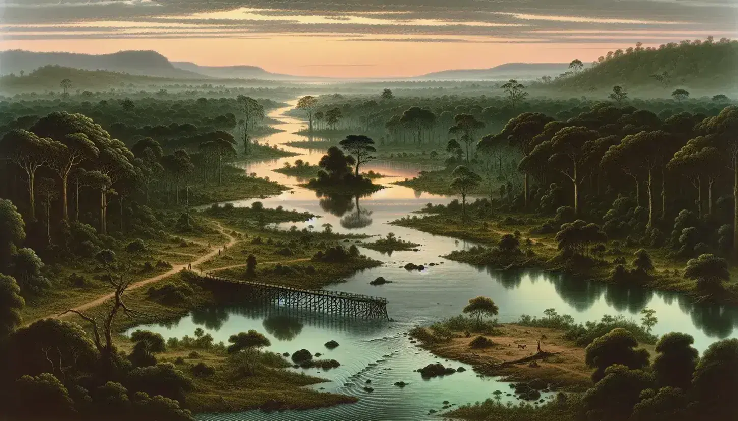 Paesaggio naturale al tramonto con fiume calmo, ponte di legno, colline all'orizzonte e cielo sfumato da arancione a viola.