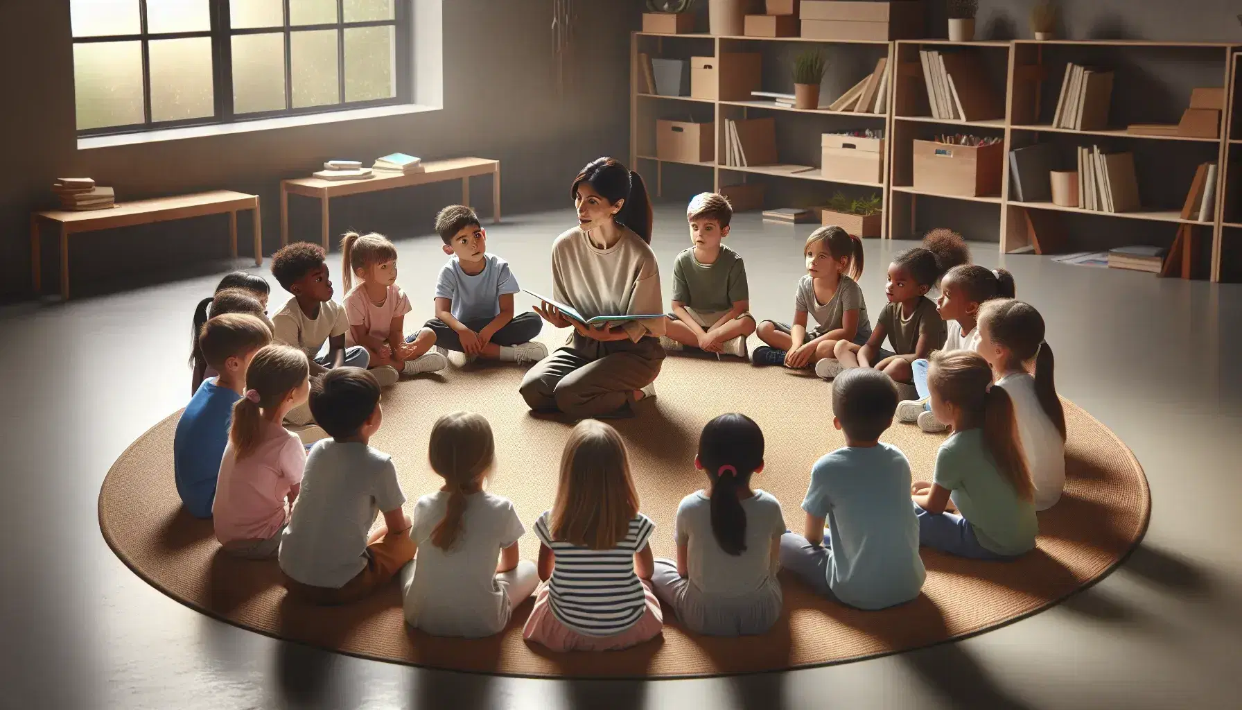 Maestra interactuando con niños atentos en círculo en aula, mostrando objeto educativo, reflejando aprendizaje colaborativo y diversidad.